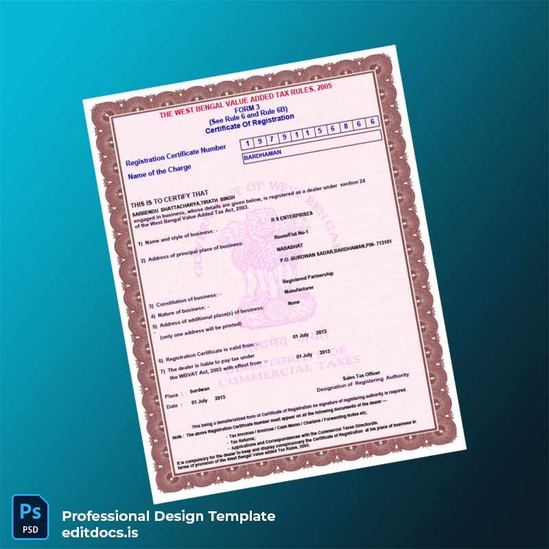 Editable India Commercial Taxes Department VAT Registration Certificate Template (Word&PDF) Page Preview