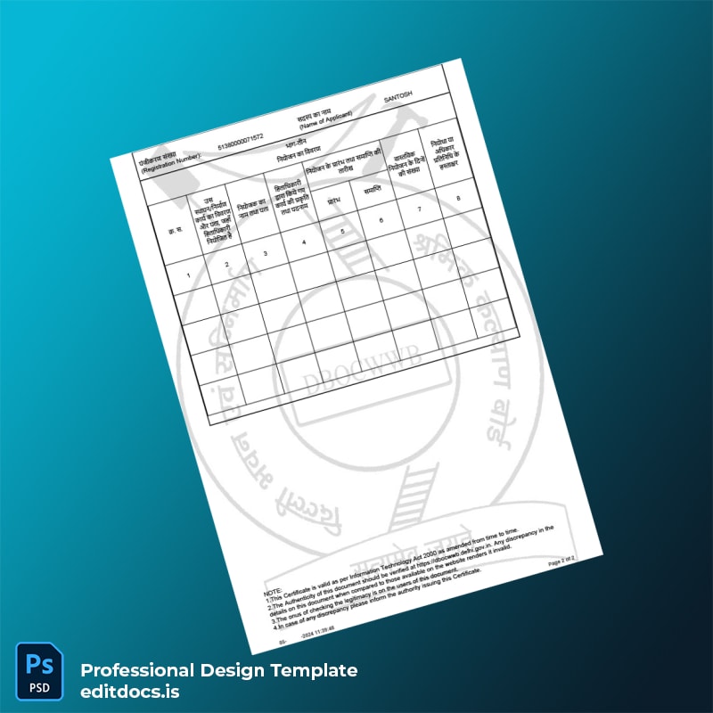 Editable India Delhi Building Other Construction Workers Welfare Board Registration Certificate Template in Word and PDF formats page 2 Page Preview - EditDocs