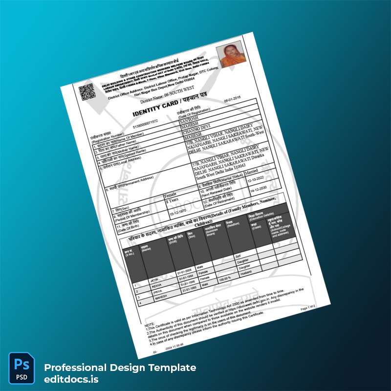 Editable India Delhi Building Other Construction Workers Welfare Board Registration Certificate Template (Word&PDF) Page Preview - EditDocs