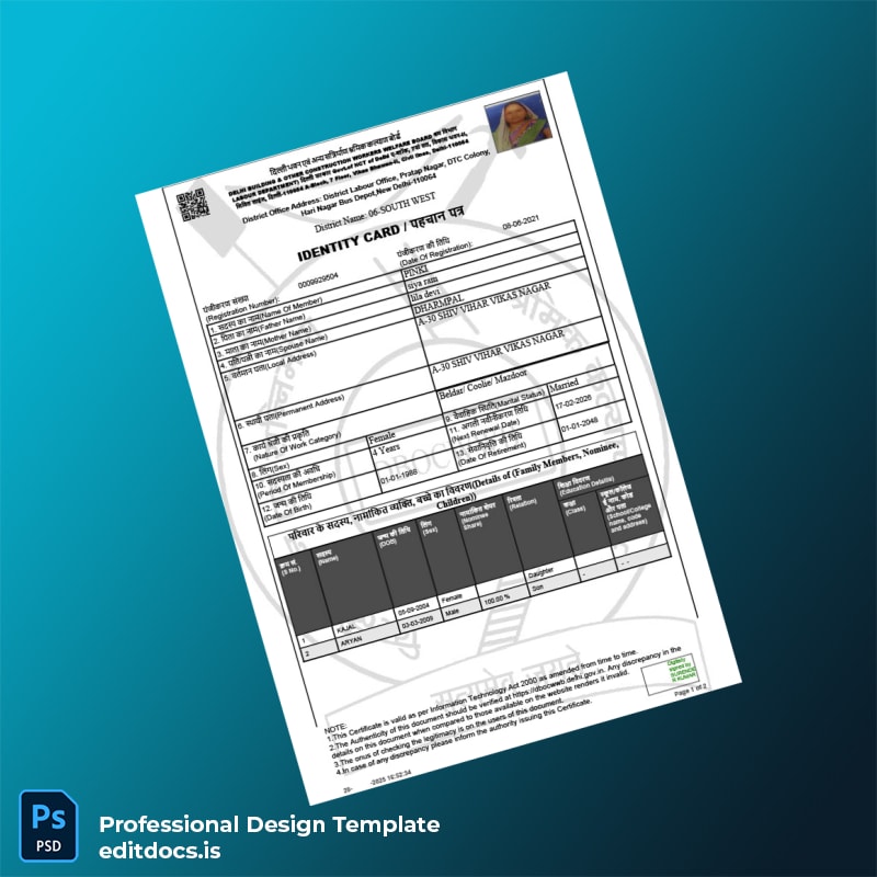 Editable India Delhi Building and Other Construction Workers Welfare Board Registration Certificate Template (Word&PDF) Page Preview - EditDocs