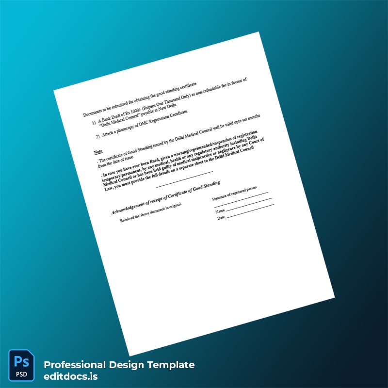 Editable India Delhi Medical Council Certificate of Good Standing Application Form Template in Word and PDF formats page 2 Page Preview - EditDocs