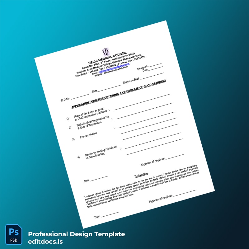 Editable India Delhi Medical Council Certificate of Good Standing Application Form Template (Word&PDF) Page Preview - EditDocs