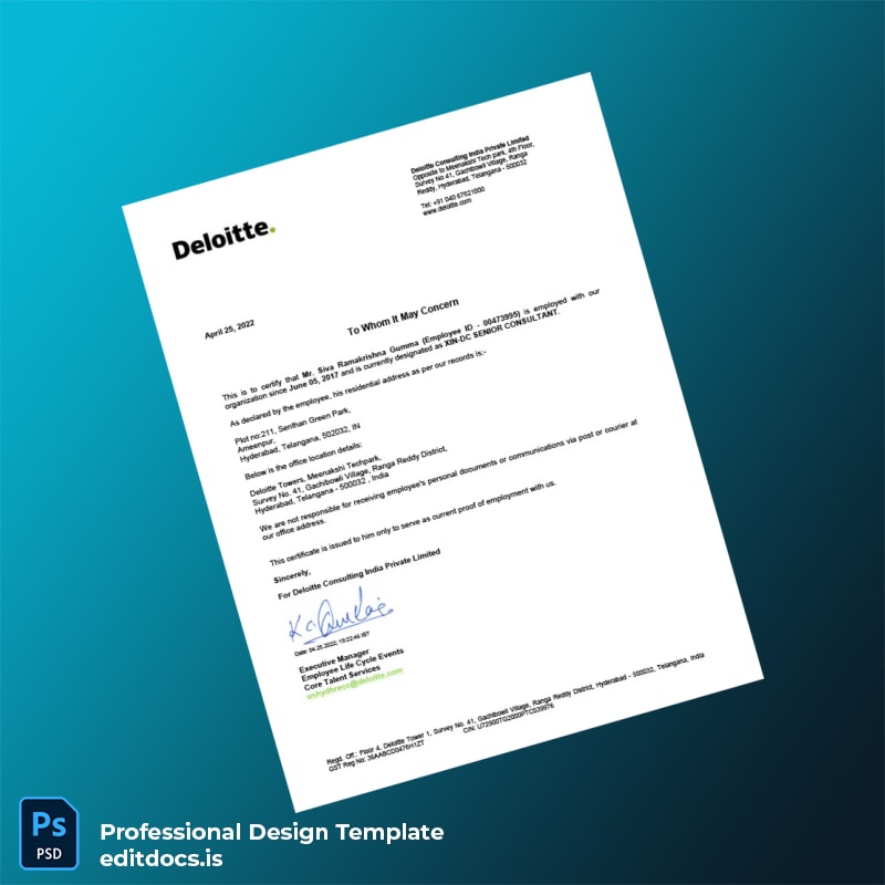 Editable India Deloitte Consulting Employment Verification Letter Template (Word&PDF) Page Preview - EditDocs