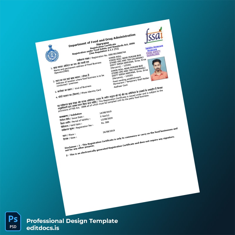 Editable India Department of Food and Drug Administration FSSAI Registration Certificate Template (Word&PDF) Page Preview