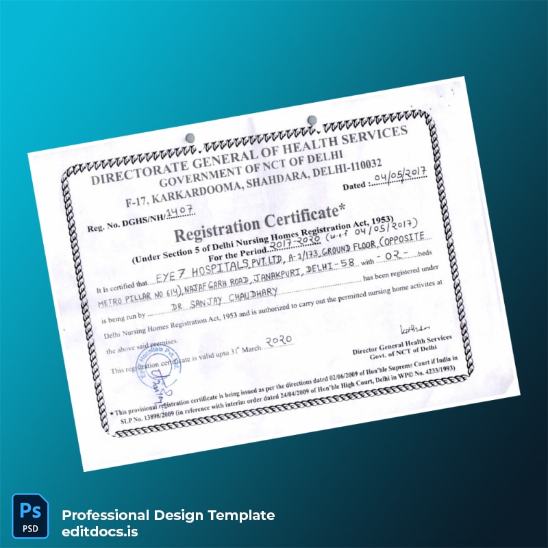 Editable India Directorate General of Health Services Registration Certificate Template (Word&PDF) Page Preview