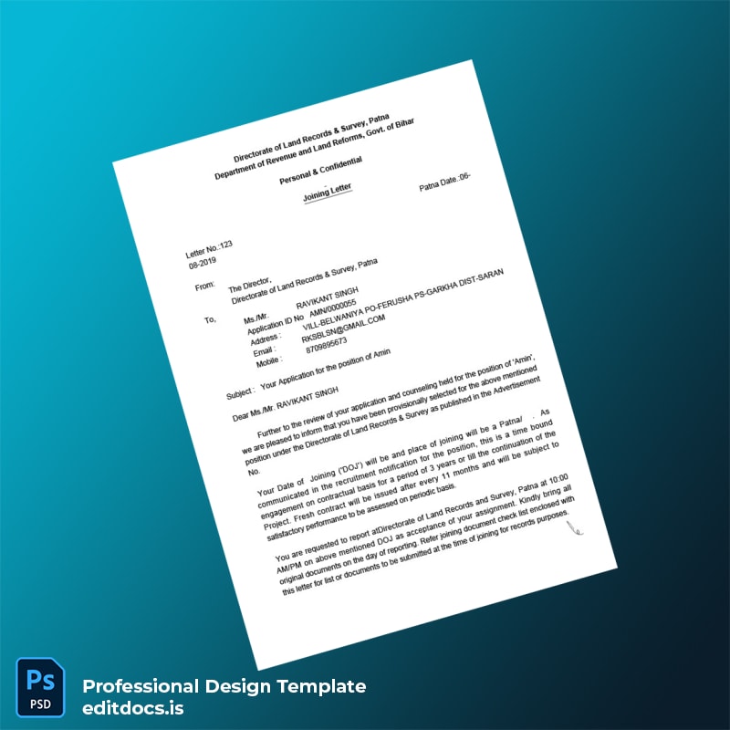 Editable India Directorate of Land Records Survey Employment Verification Letter Template (Word&PDF) Page Preview - EditDocs