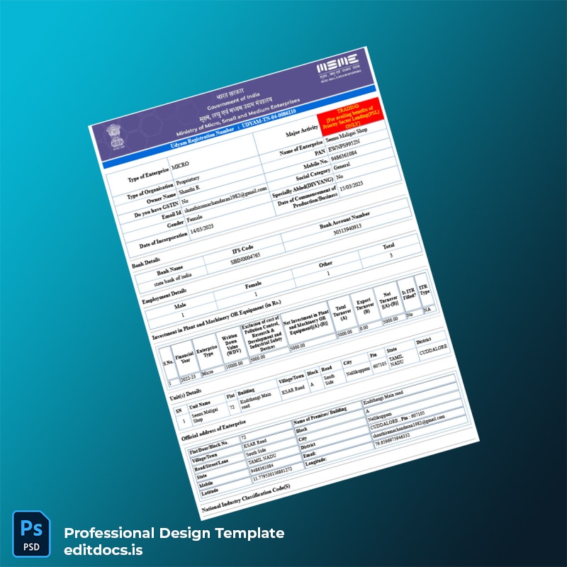 Editable India District Industries Centre Udyam Registration Certificate Template in Word and PDF formats page 2 Page Preview - EditDocs
