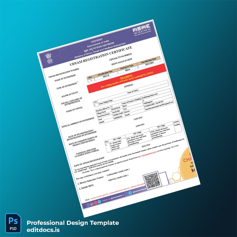 Editable India District Industries Centre Udyam Registration Certificate Template (Word&PDF) Page Preview - EditDocs