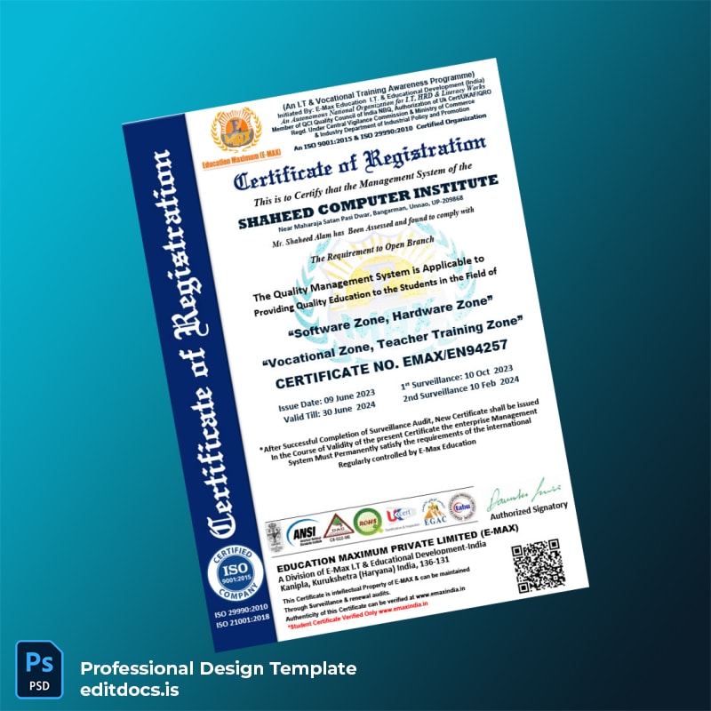 Editable India E-Max Education Certificate of Registration Template (Word&PDF) Page Preview