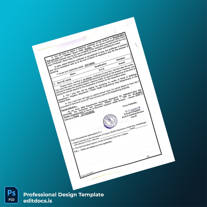 Editable India Executive Engineer Registration Certificate Template in Word and PDF formats page 2 Page Preview - EditDocs