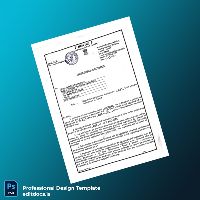 Editable India Executive Engineer Registration Certificate Template (Word&PDF) Page Preview - EditDocs