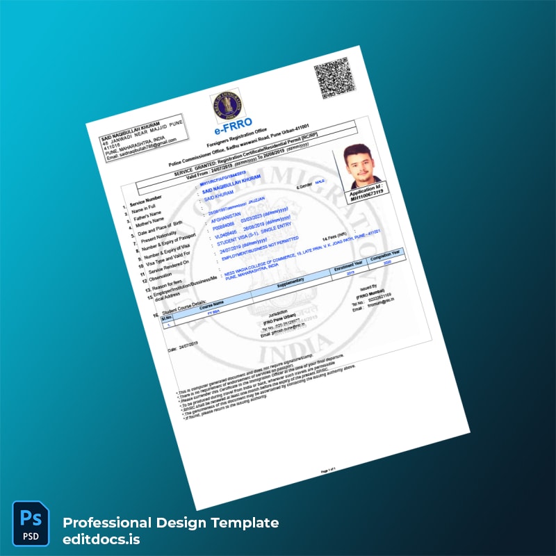 Editable India Foreigners Registration Certificate Template (Word&PDF) Page Preview - EditDocs