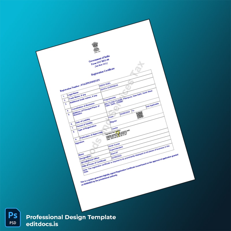 Editable India Goods and Services Tax Registration Certificate Template (Word&PDF) Page Preview - EditDocs