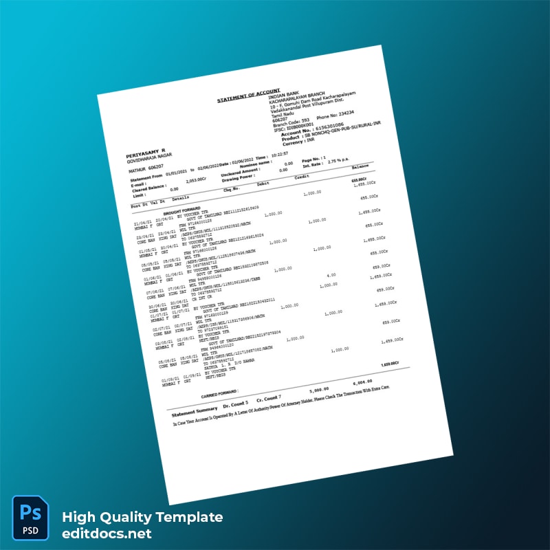 India Government Of Tamilnadu Bank Statement Template in Word and PDF formats