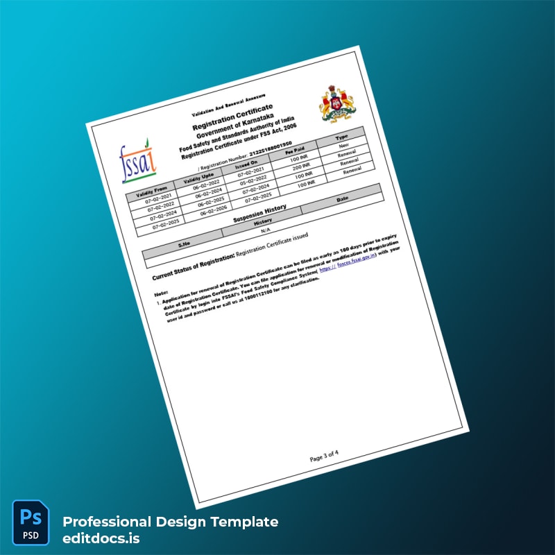 Editable India Government of Karnataka Food Registration Certificate Template in Word and PDF formats page 3 Page Preview - EditDocs
