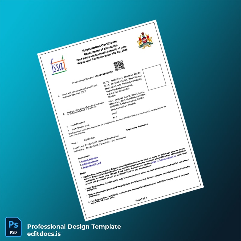 Editable India Government of Karnataka Food Registration Certificate Template (Word&PDF) Page Preview - EditDocs