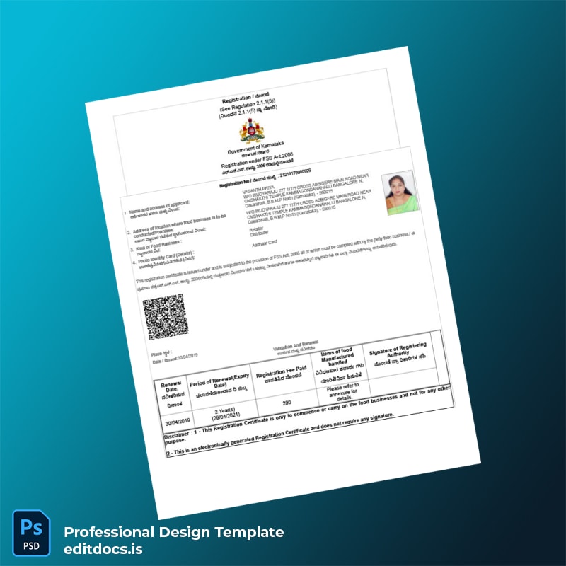 Editable India Government of Karnataka Registration Certificate Template (Word&PDF) Page Preview
