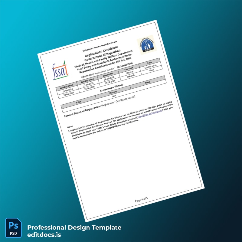 Editable India Government of Rajasthan Registration Certificate Template in Word and PDF formats page 4 Page Preview - EditDocs