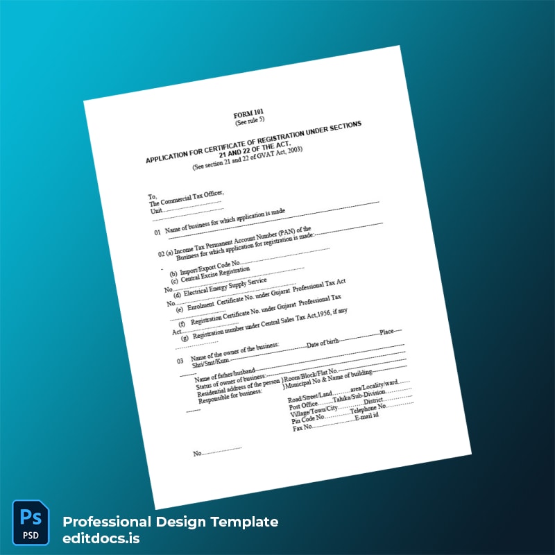 Editable India Gujarat Tax Authority Application for Certificate of Registration Template (Word&PDF) Page Preview