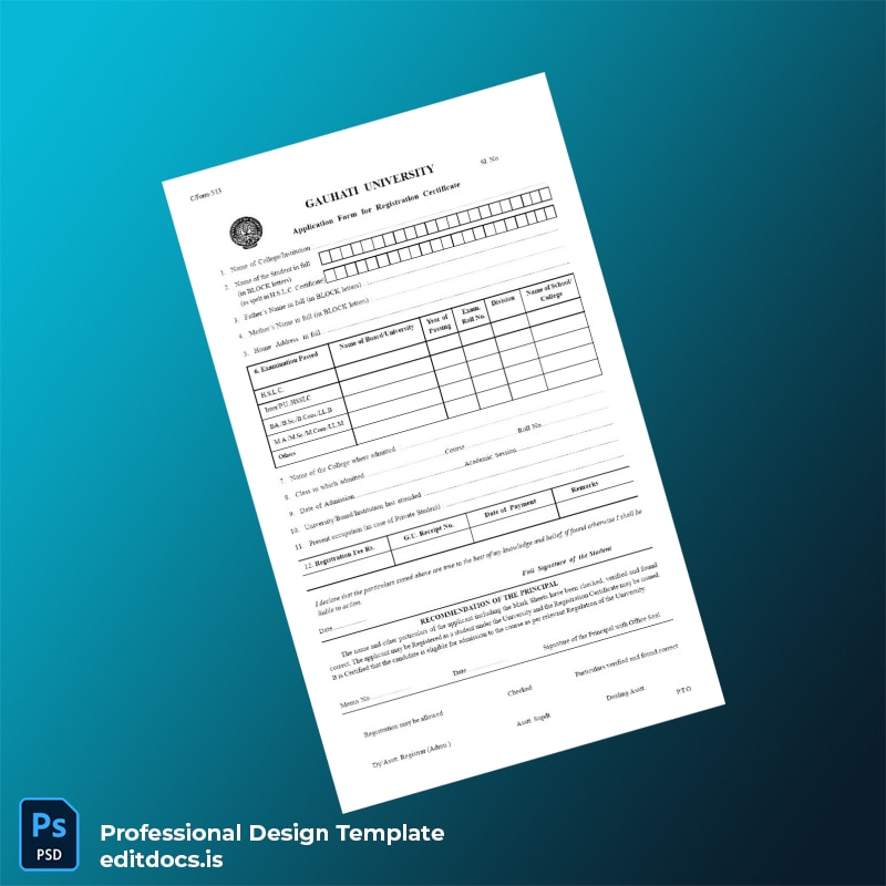 Editable India Guwahati University Registration Certificate Template (Word&PDF) Page Preview - EditDocs
