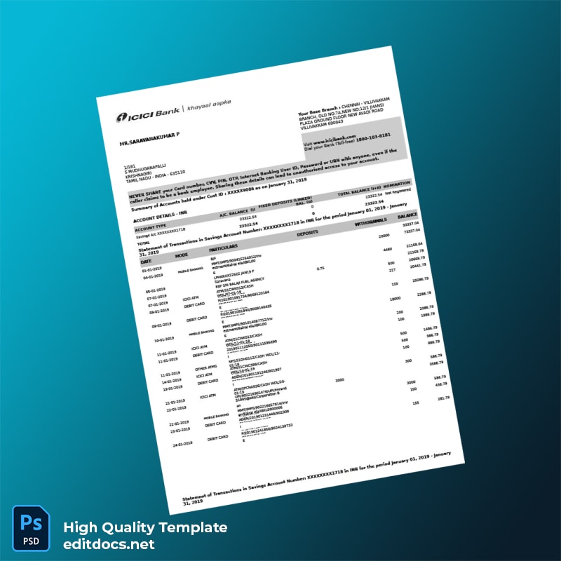 India ICICI Bank Statement Template in Word and PDF formats
