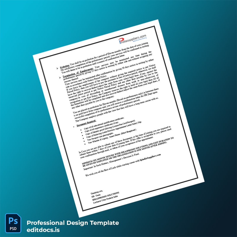 Editable India Ideaspromo Solutions Employment Verification Letter Template in Word and PDF formats page 2 Page Preview - EditDocs