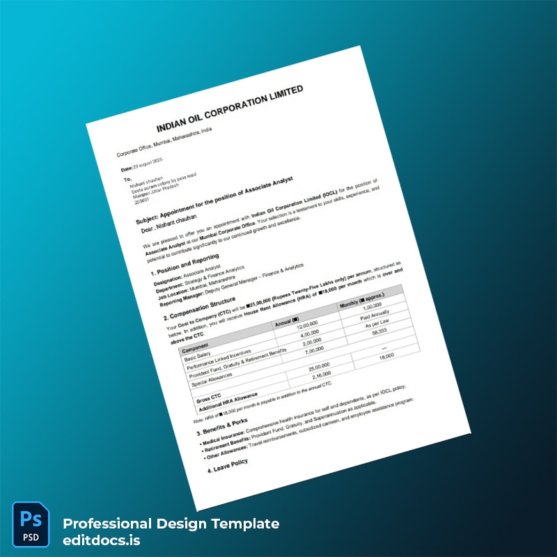 Editable India Indian Oil Corporation LTD Joining Letter Template in Word and PDF formats page 2 Page Preview - EditDocs