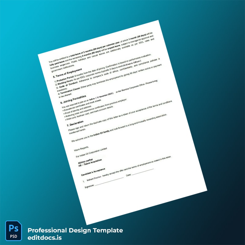 Editable India Indian Oil Corporation LTD Joining Letter Template in Word and PDF formats page 3 Page Preview - EditDocs