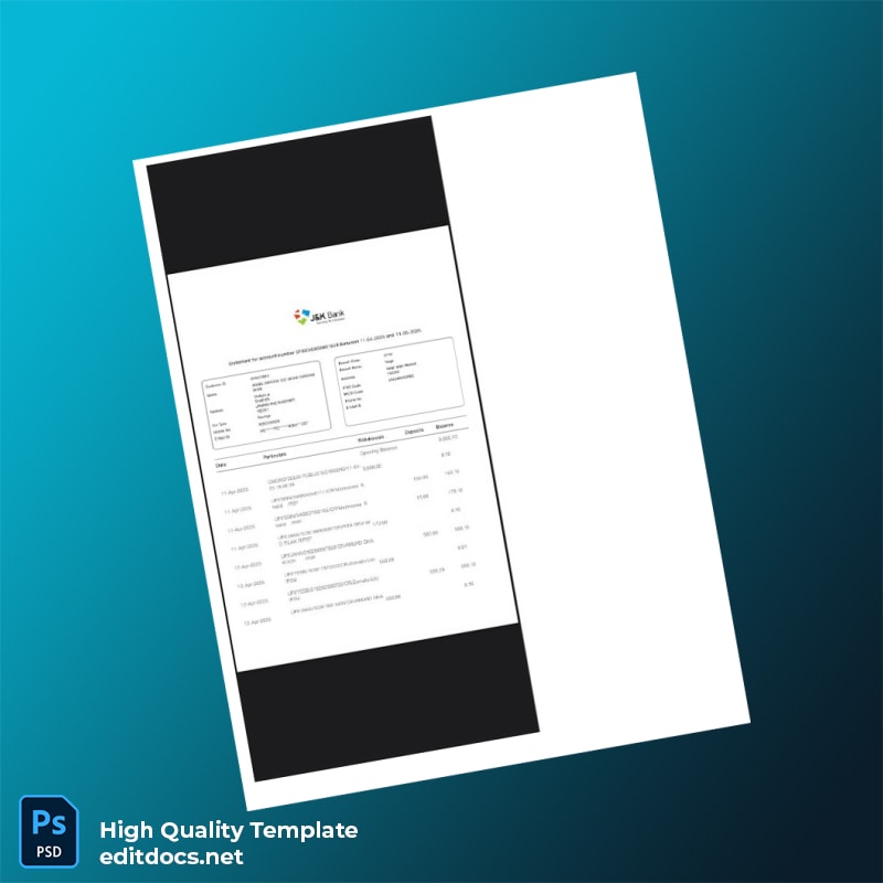 India J K Bank Statement Template in Word and PDF formats