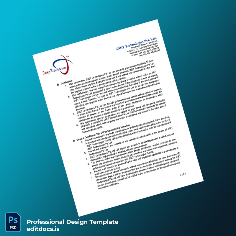 Editable India JNET Technologies Pvt Ltd Employment Verification Letter Template in Word and PDF formats page 2 Page Preview - EditDocs