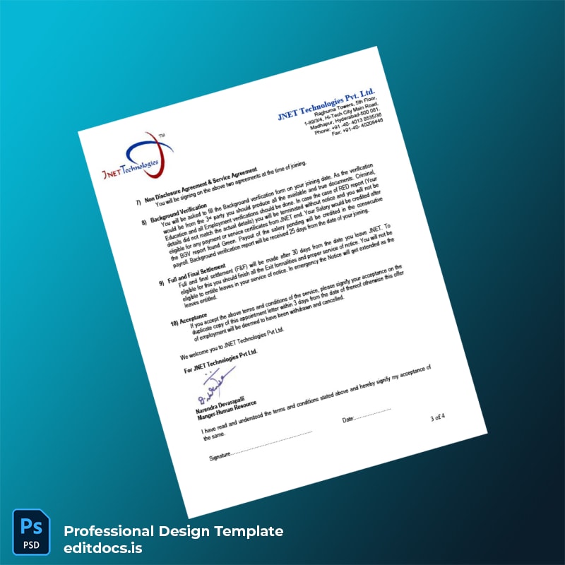 Editable India JNET Technologies Pvt Ltd Employment Verification Letter Template in Word and PDF formats page 3 Page Preview - EditDocs
