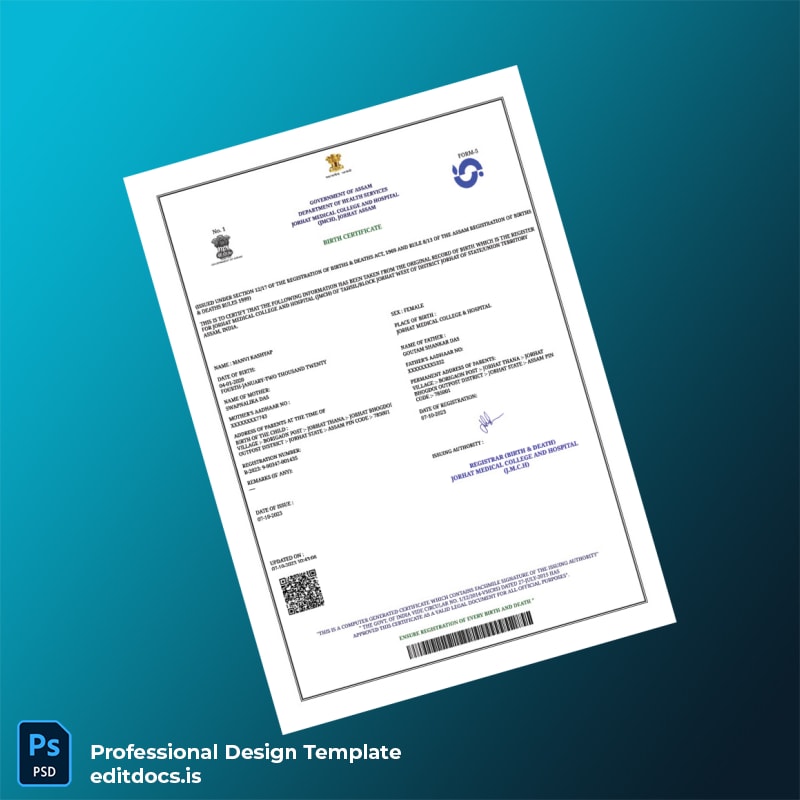 Editable India Jorhat Medical College and Hospital Birth Registration Certificate Template (Word&PDF) Page Preview - EditDocs