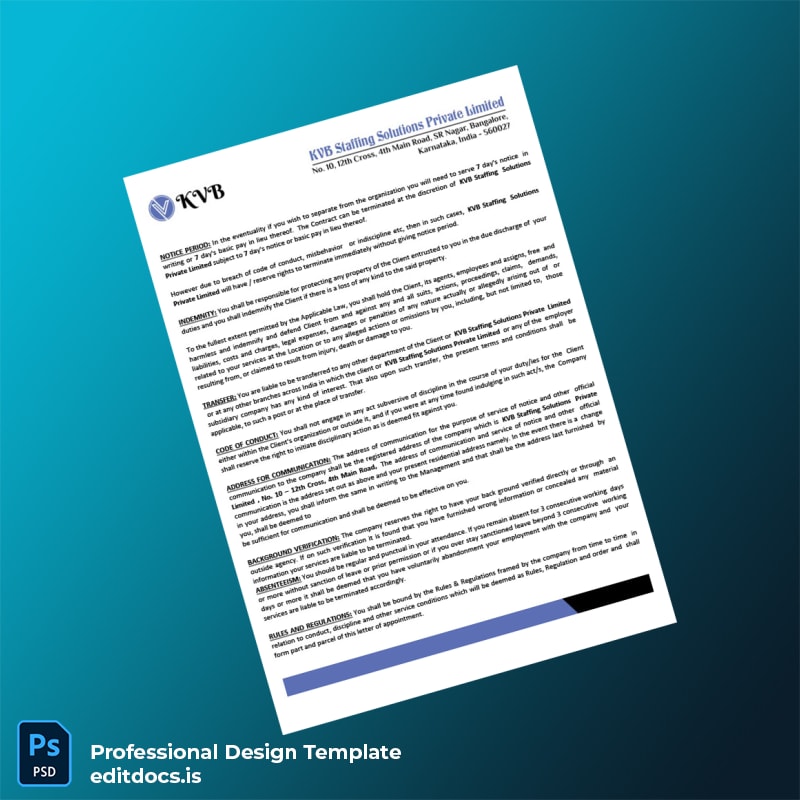 Editable India KVB Staffing Solutions Private Limited Employment Verification Letter Template in Word and PDF formats page 2 Page Preview - EditDocs