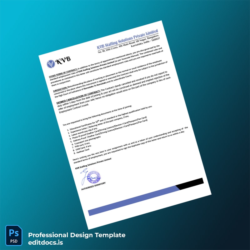 Editable India KVB Staffing Solutions Private Limited Employment Verification Letter Template in Word and PDF formats page 3 Page Preview - EditDocs