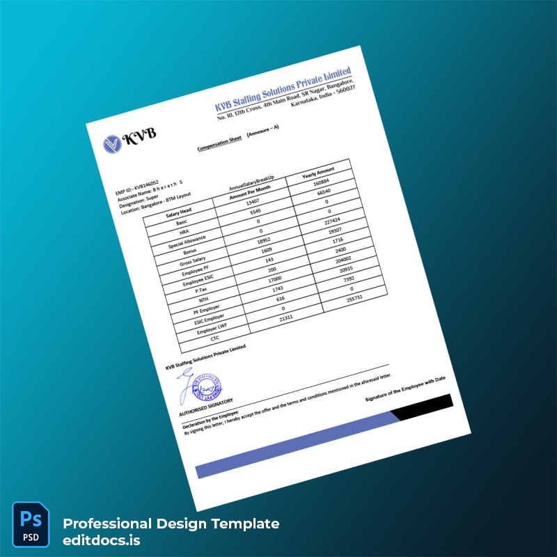 Editable India KVB Staffing Solutions Private Limited Employment Verification Letter Template in Word and PDF formats page 4 Page Preview - EditDocs