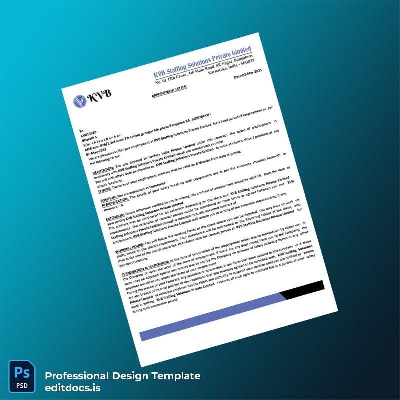 Editable India KVB Staffing Solutions Private Limited Employment Verification Letter Template (Word&PDF) Page Preview - EditDocs