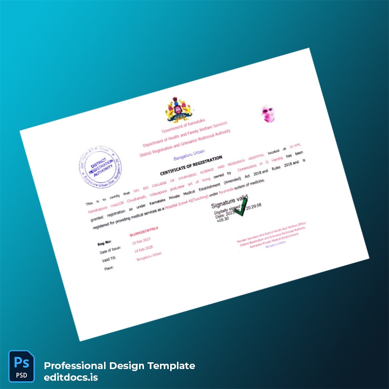 Editable India Karnataka Hospital Registration Certificate Template (Word&PDF) Page Preview - EditDocs