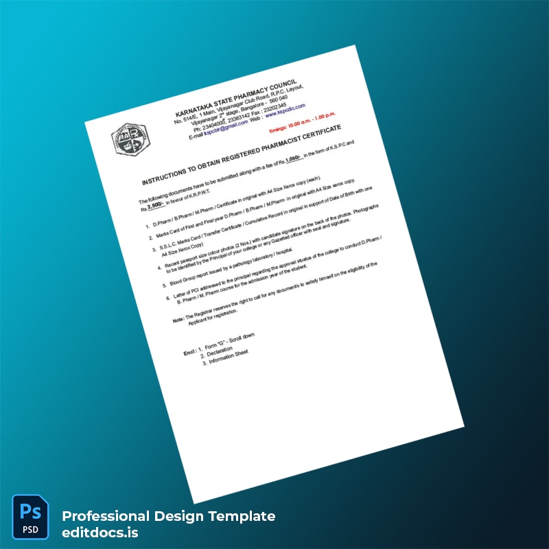 Editable India Karnataka Pharmacy Registration Certificate Template (Word&PDF) Page Preview - EditDocs