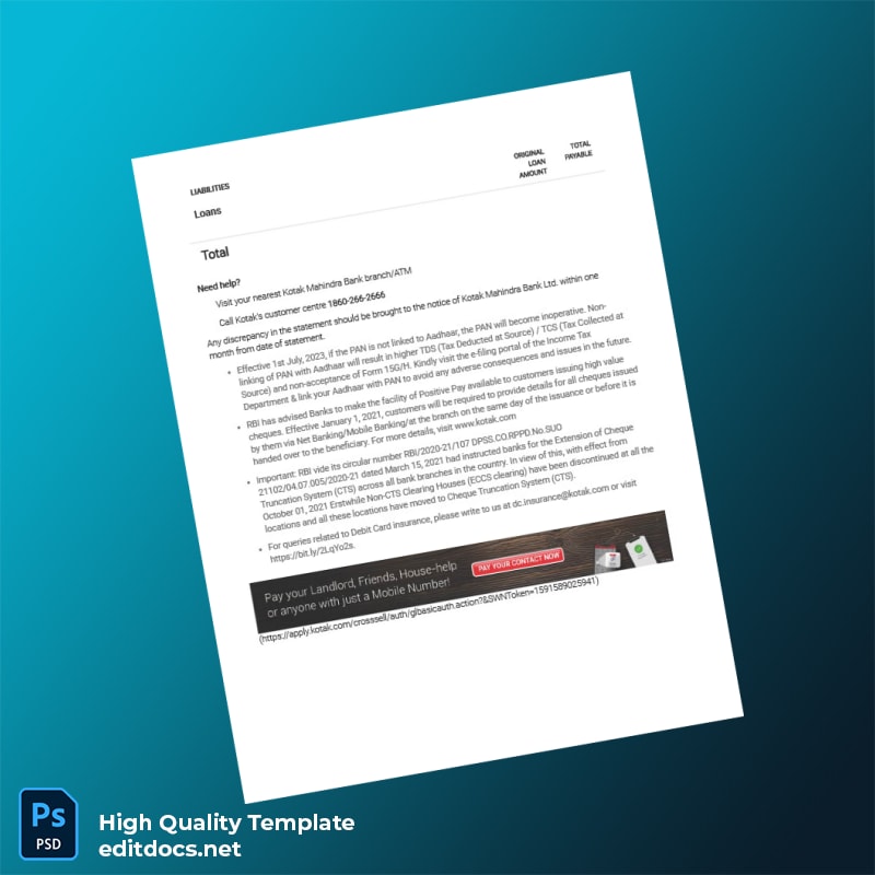 India Kotak Bank Statement Template in Word and PDF formats page 2