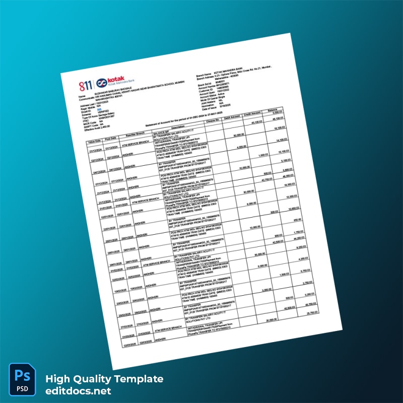 India Kotak Mahindra Bank Bank Statement Template in Word and PDF formats