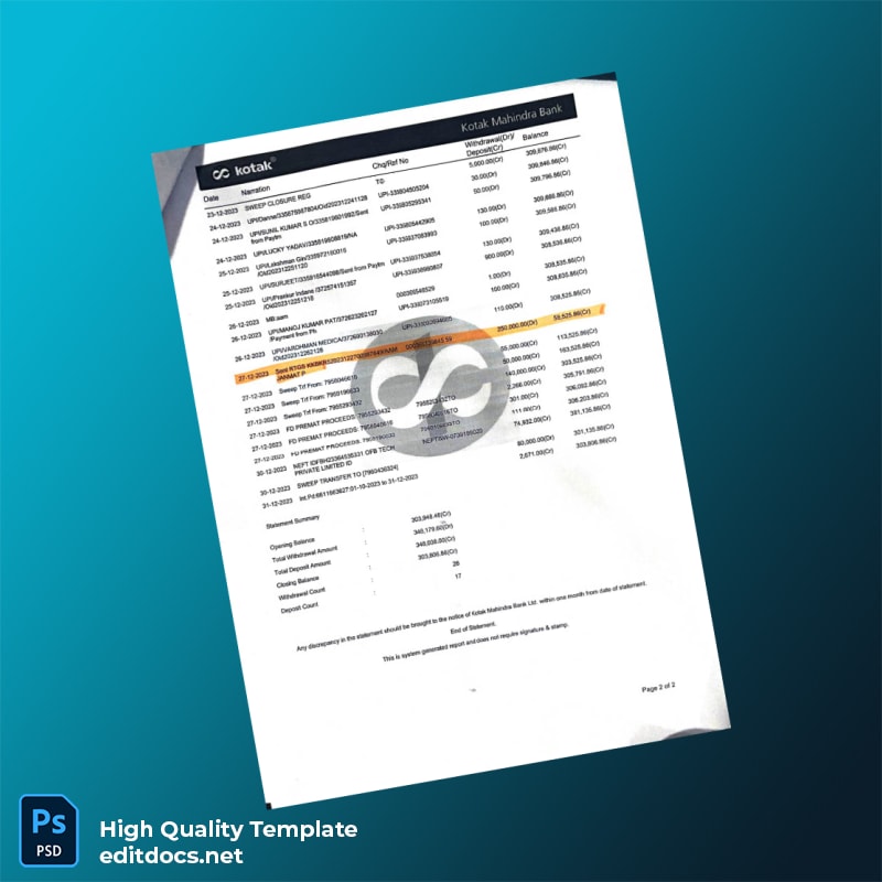 India Kotak Mahindra Bank Statement Template in Word and PDF formats page 2