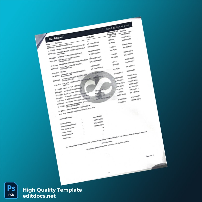 India Kotak Mahindra Bank Statement Template in Word and PDF formats page 3