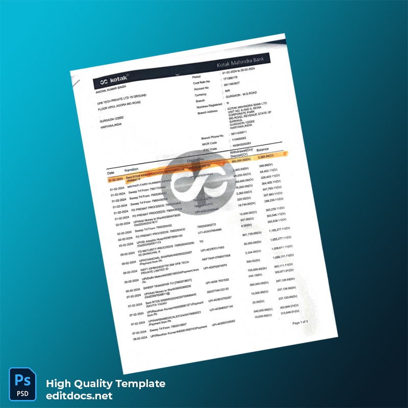 India Kotak Mahindra Bank Statement Template in Word and PDF formats page 4