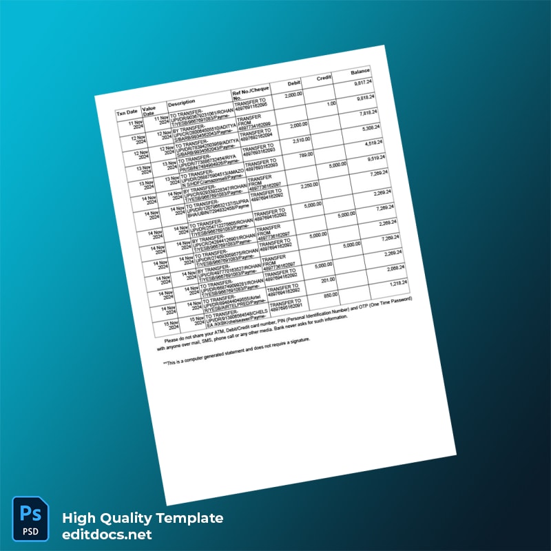India LOTUS SAVING BANK Account Statement Template in Word and PDF formats page 2