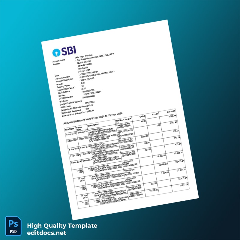 India LOTUS SAVING BANK Account Statement Template in Word and PDF formats