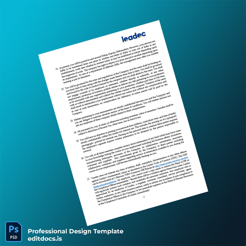 Editable India Leadec India Pvt Ltd Employment Verification Letter Template in Word and PDF formats page 4 Page Preview - EditDocs