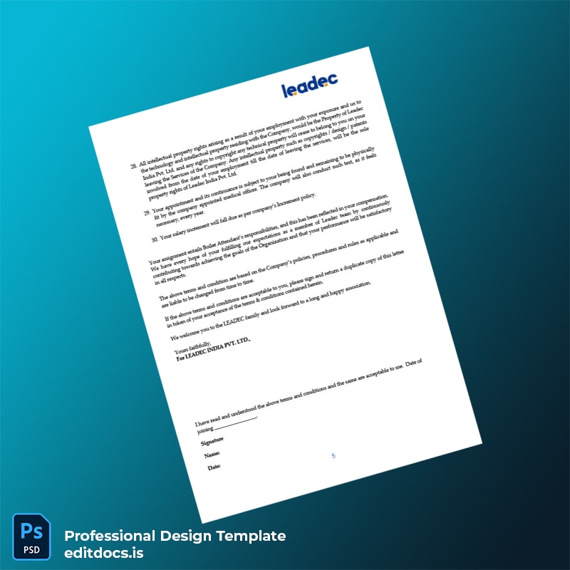 Editable India Leadec India Pvt Ltd Employment Verification Letter Template in Word and PDF formats page 5 Page Preview - EditDocs