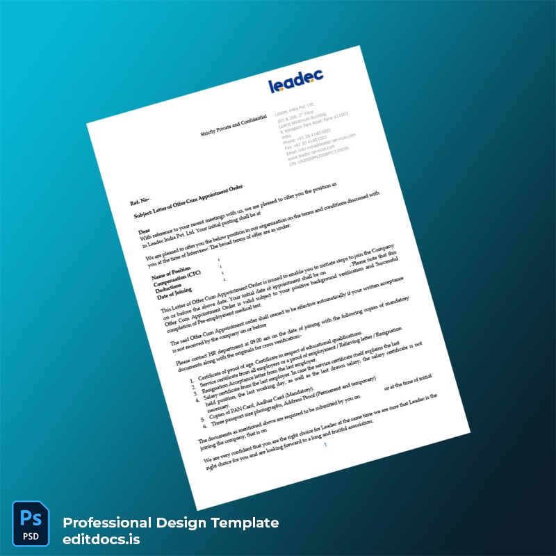 Editable India Leadec India Pvt Ltd Employment Verification Letter Template (Word&PDF) Page Preview - EditDocs