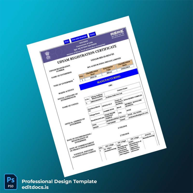 Editable India MSME Department Udyam Registration Certificate Template (Word&PDF) Page Preview - EditDocs
