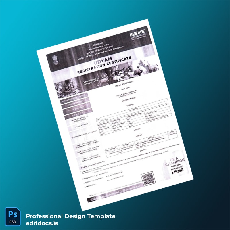 Editable India MSME Ministry Udyam Registration Certificate Template (Word&PDF) Page Preview - EditDocs